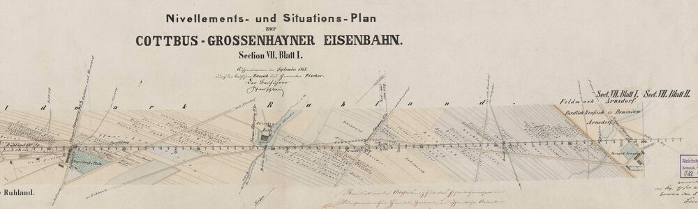 Nivelliments- und Situations-Plan zur Cottbus-Grossenhayner Eisenbahn. LASA, G12 Pläne IV/2313 - Section VII Blatt I