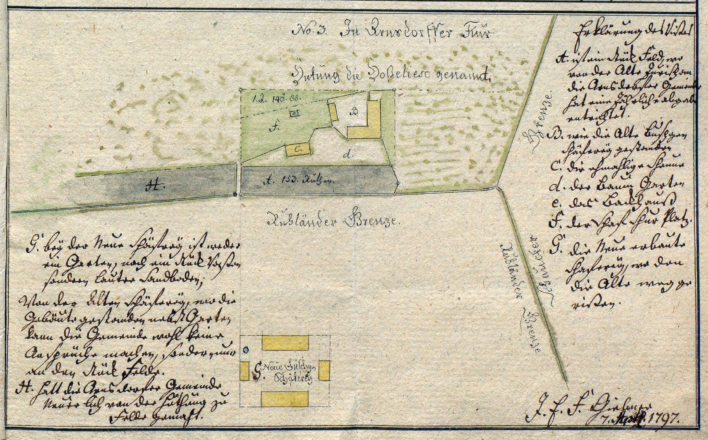 Handcolorierte Karte der Büschgenschäferei und des Vorwerkes Ruhland.